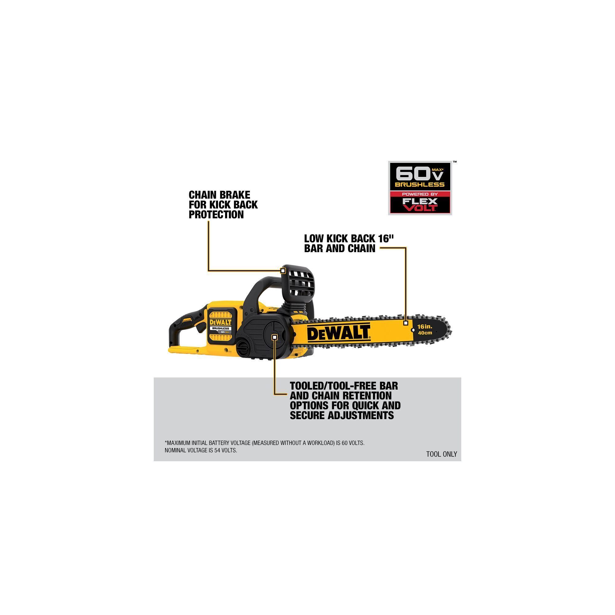 DEWALT FLEXVOLT 60V MAX Brushless Cordless Chainsaw — 16in., Tool Only, Model# DCCS670B